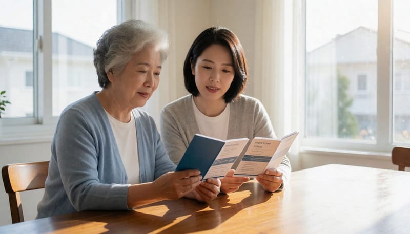 어머니와 딸이 각자의 실비보험 증권을 마주 보며 비교하는 모습
