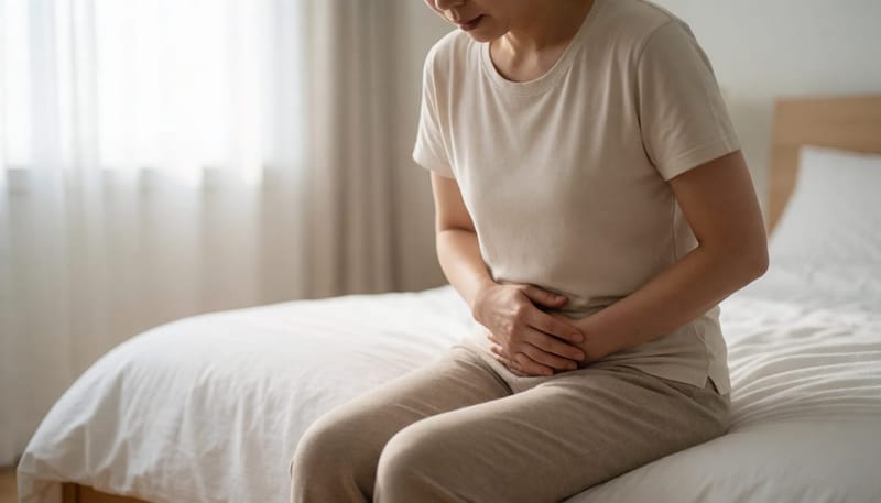 침대에 앉아 배 움켜쥔 여성