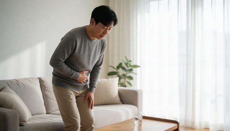 거실에서 배 아파하는 남성