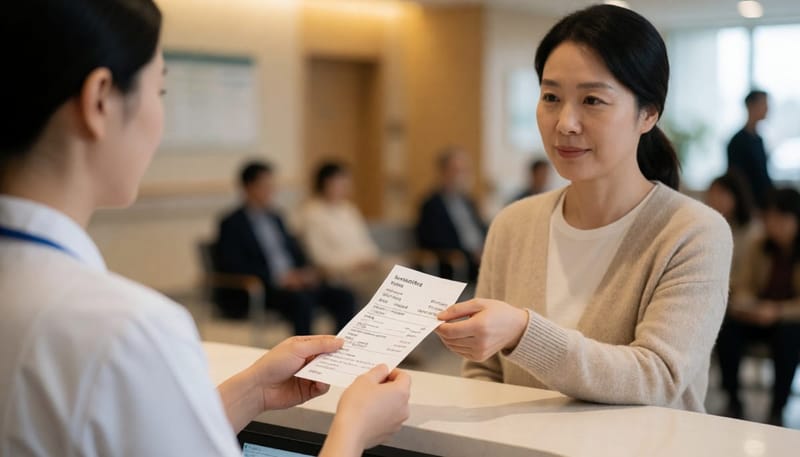 병원 접수처에서 진료비 수납 후 영수증을 건네받는 여성