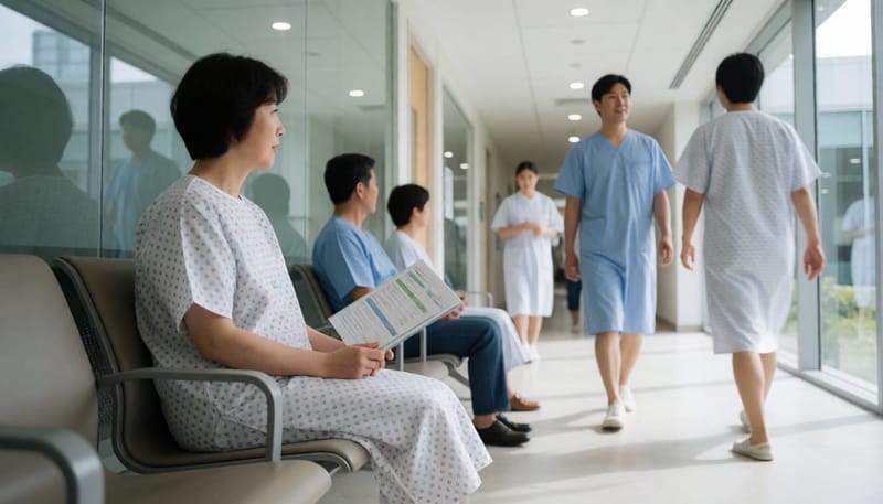 건강검진센터 대기 공간에서 순서를 기다리는 검진복 차림의 여성