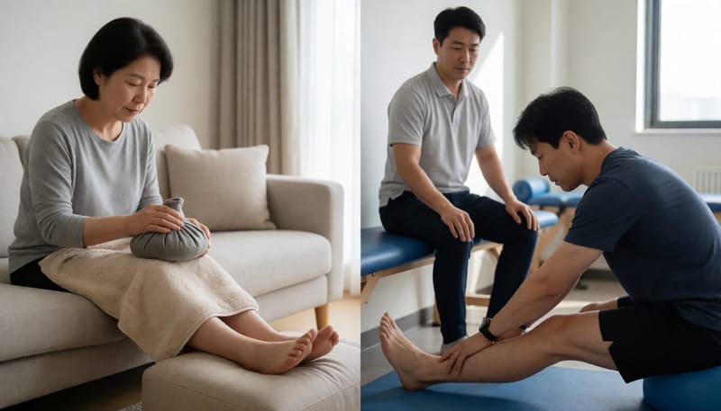 경증은 냉찜질로 관리하고 중등도는 물리치료로 관리하는 모습을 나란히 보여줌
