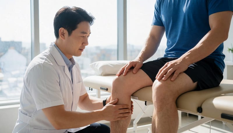 의사가 종아리를 눌러 발이 움직이는지 확인하는 압박 검사 모습