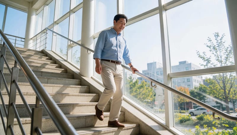 계단을 내려오다 무릎이 꺾여 손잡이를 급히 붙잡는 중년 남성