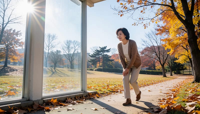 쌀쌀한 가을 날씨에 산책 중 무릎을 짚고 멈춰선 여성