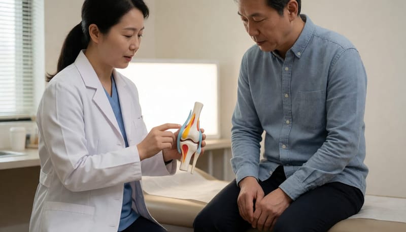 정형외과 의사가 무릎 관절 모형을 들고 인대와 연골 부위를 환자에게 설명하는 모습