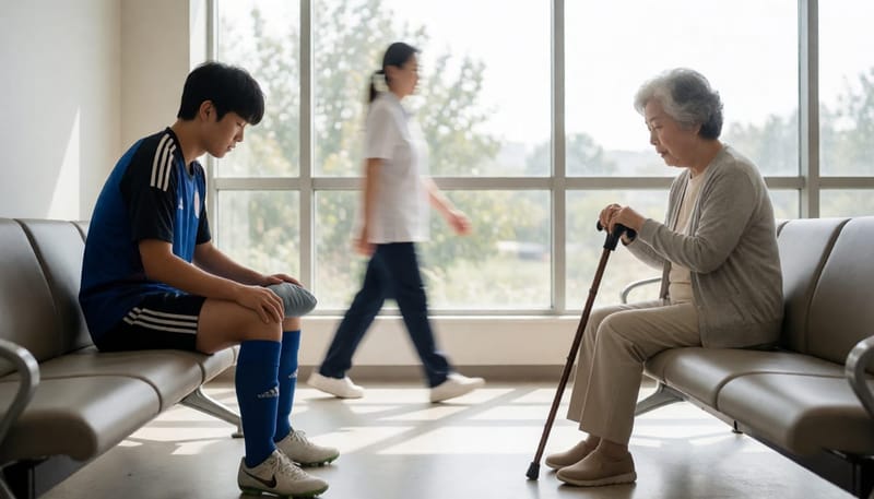 젊은 운동선수와 노년 여성이 각각 다른 자세로 무릎을 짚고 있는 물리치료 대기실 전경