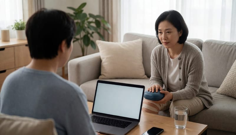 여성이 소파에 앉아 붕대 감은 무릎을 만지며 안정할지 병원에 갈지 고민하는 모습