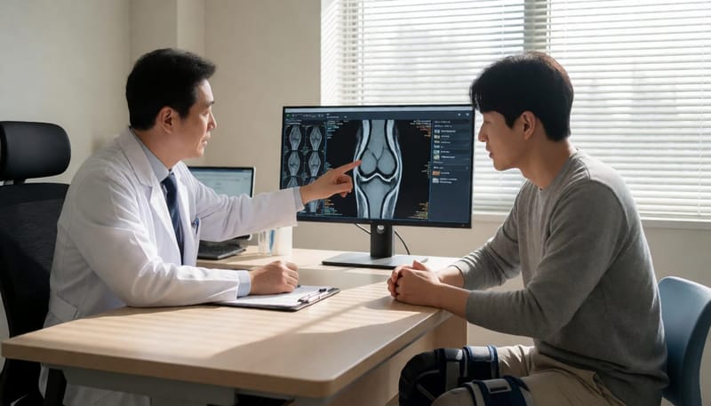 의사가 모니터에 띄운 무릎 MRI 사진을 가리키며 환자와 상담하는 진료실 장면