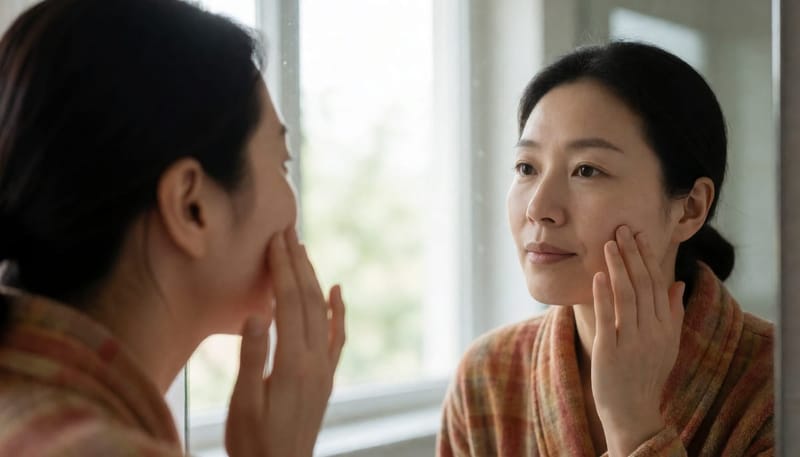환절기 피부 상태를 거울 앞에서 확인하는 여성