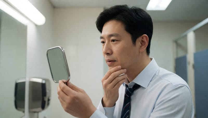 미팅을 앞두고 턱선의 여드름 상태를 살피는 남성