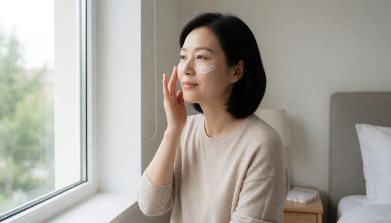 치료 후 피부가 안정되어가는 과정을 보여주는 스킨케어 장면