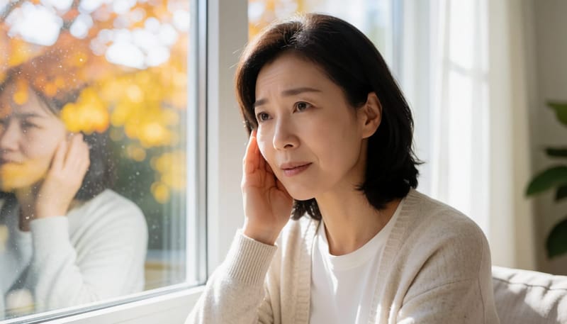 환절기에 한쪽 귀를 손으로 감싸며 불편해하는 여성