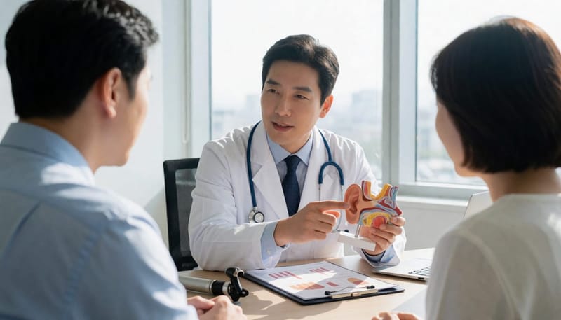 귀 모형을 가리키며 원인을 설명하는 의사