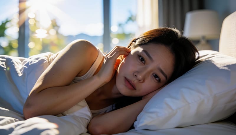밤에 잠을 이루지 못하고 귀 증상을 걱정하는 여성