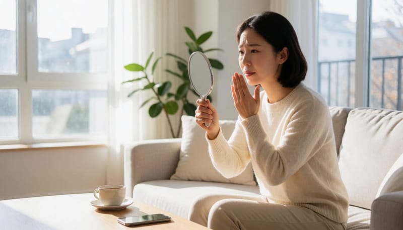거울로 자신의 눈을 자세히 들여다보는 여성