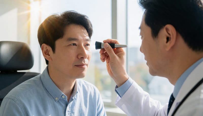 펜라이트로 안구 움직임을 검사하는 의사와 환자
