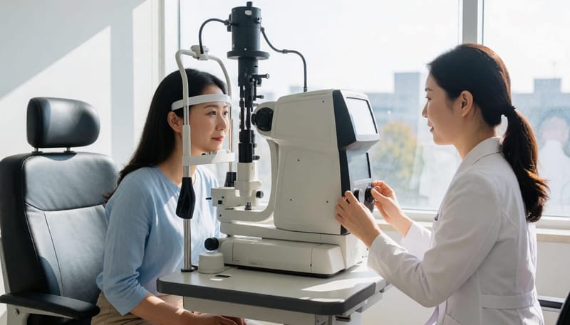 정밀 안과 검사 장비로 검사받는 환자