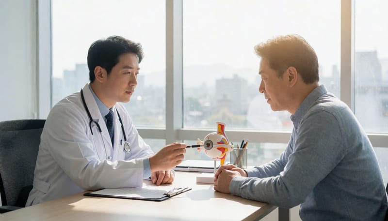 안구 모형을 보며 치료 방법을 설명하는 의사와 환자