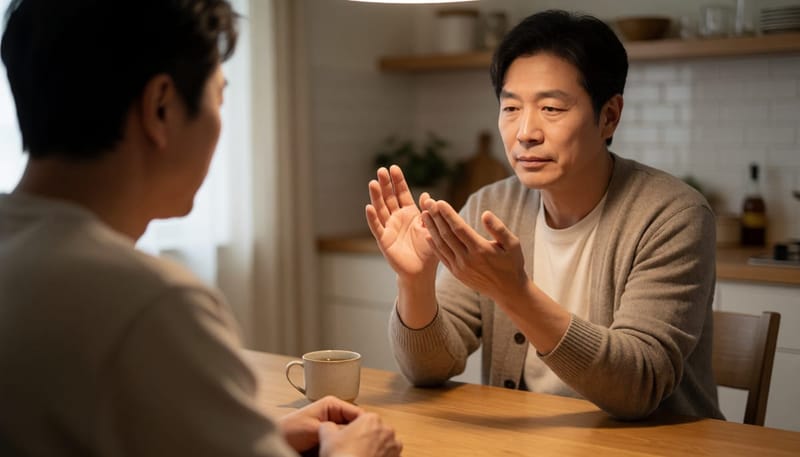 중년 남성이 식탁에서 양손 손바닥을 자세히 살펴보고 있는 모습