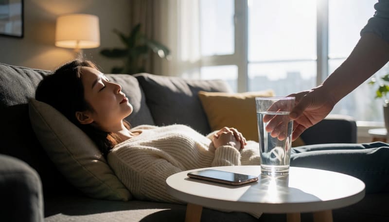 어두운 방에서 안정을 취하며 물을 건네받는 여성