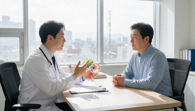 의사가 눈 모형을 들고 치료 방향을 설명하는 진료 장면
