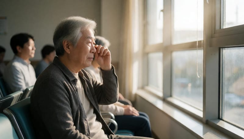병원 대기실 창가에서 눈가를 만지며 생각에 잠긴 노인