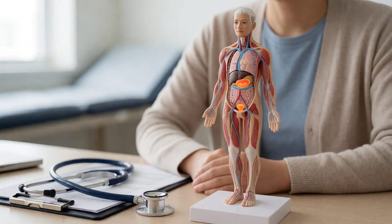 방광과 요도 부위를 보여주는 인체 모형이 놓인 진료실 책상