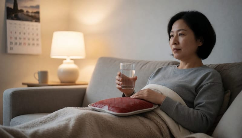 물과 온찜질을 챙기며 소파에서 쉬고 있는 여성과 벽에 걸린 달력