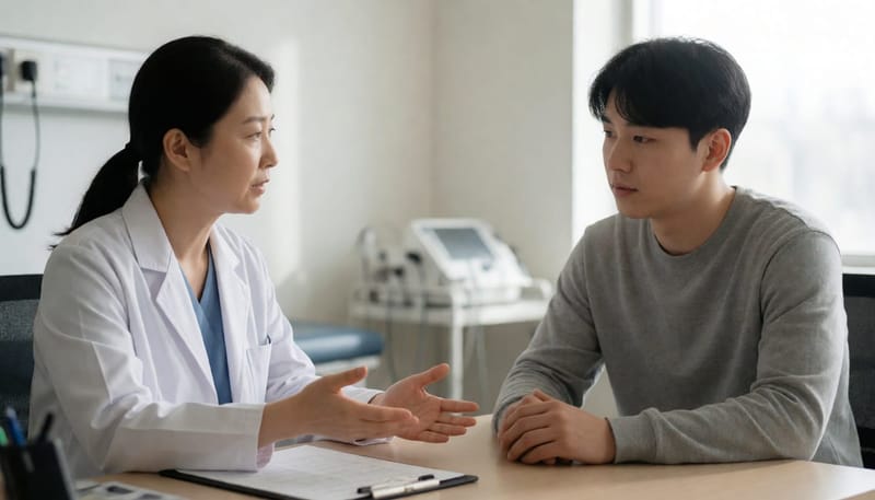 진료실에서 증상에 대해 설명하는 여의사와 듣고 있는 남성 환자