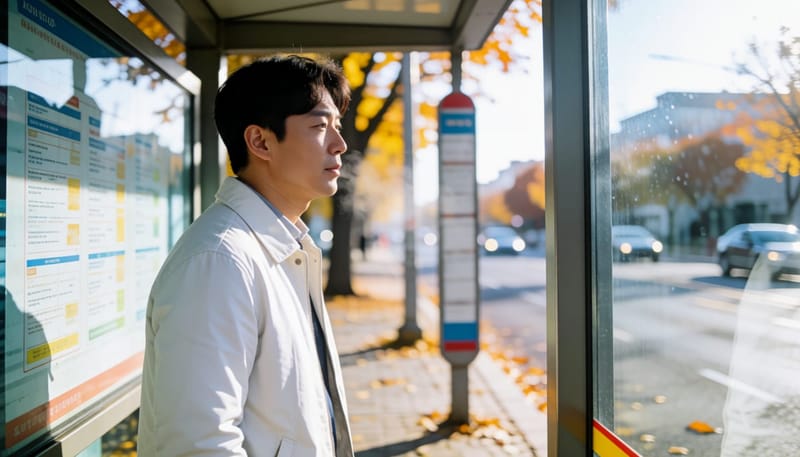 환절기 아침, 하복부를 움켜쥐고 서 있는 남성