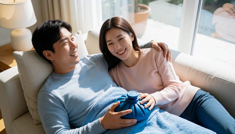 소파에 누워 냉찜질과 다리 거상으로 자가관리 중인 남성