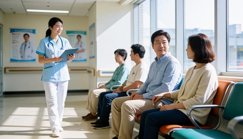 병원 대기실에서 진료를 기다리는 남성과 다가오는 간호사