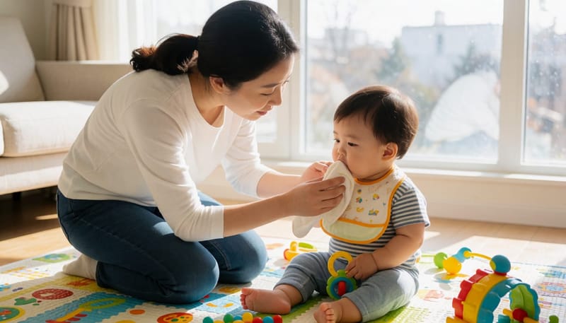 아기가 놀이매트에서 이앓이 장난감을 물고 침을 흘리자 엄마가 턱을 닦아주는 모습