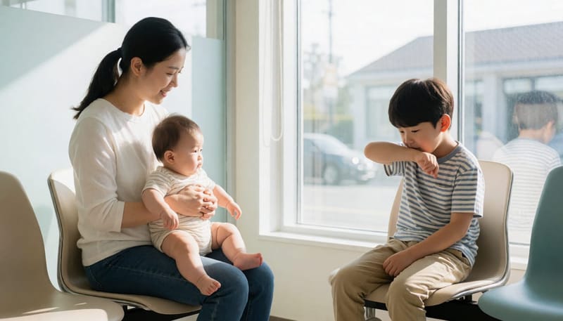 소아과 대기실에서 영아를 안은 엄마와 기침하는 학령기 아이가 함께 있는 모습