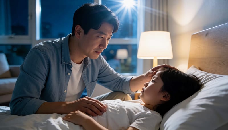 밤에 아빠가 침대에 누운 아이의 상태를 조명 아래에서 조심스럽게 지켜보는 모습