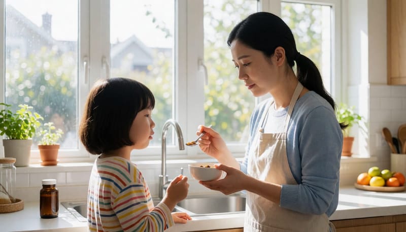 부엌에서 엄마가 아이에게 약을 먹이며 고민스러운 표정을 짓는 일상적인 모습