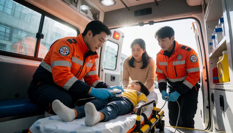 구급차 안에서 응급대원이 아이의 산소포화도를 확인하고 부모가 밖에서 지켜보는 긴급한 모습