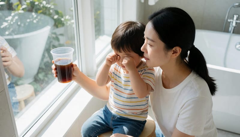 콜라색 소변 컵을 살펴보는 엄마와 옆에 있는 아이