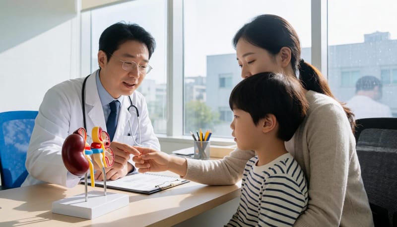 신장 모형을 가리키며 설명하는 의사와 아이를 안은 엄마