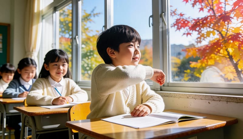 환절기 교실에서 기침하는 아이와 창밖 가을 풍경