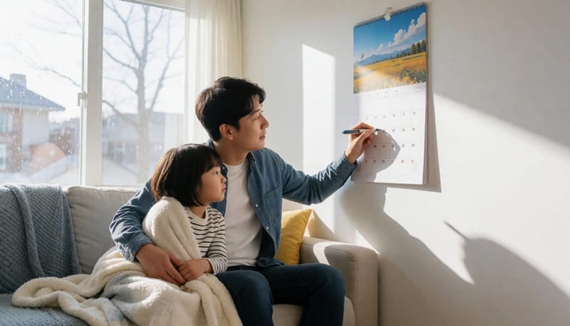 달력에 날짜를 표시하며 아이 상태를 지켜보는 아빠
