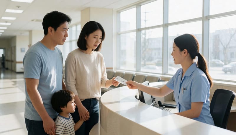 병원 접수처에서 번호표를 받는 엄마와 아이