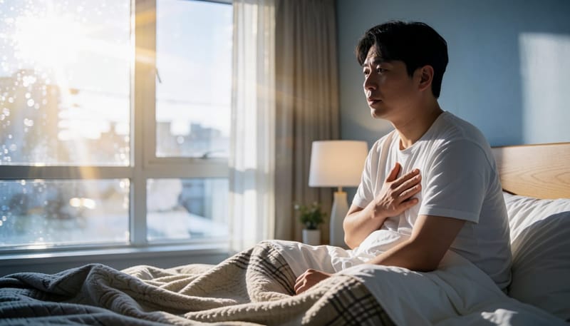 한밤중 침대에서 가슴 한가운데를 손으로 누르며 통증을 느끼는 남성