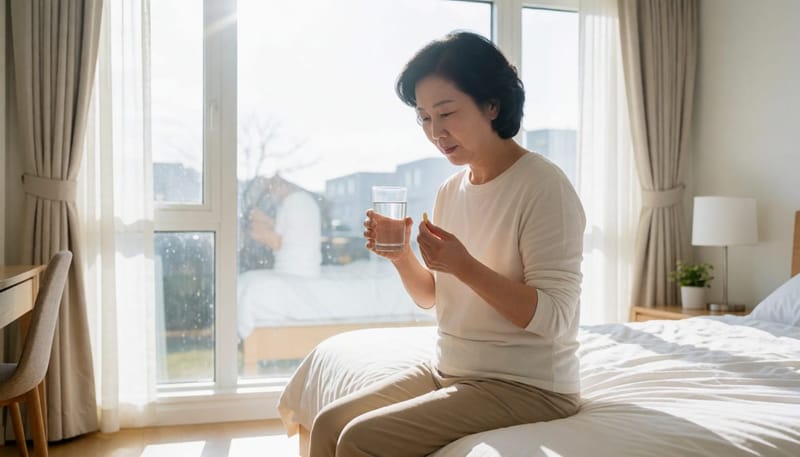 방광염약을 손에 들고 물잔과 함께 앉아있는 여성