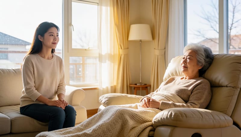젊은 여성과 고령 여성이 서로 다른 상태로 앉아있는 거실 장면