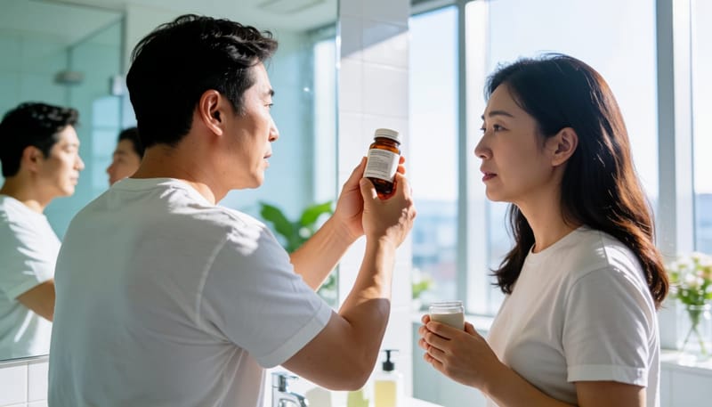 욕실에서 약병을 살펴보며 확인하는 남성