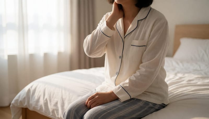 아침에 일어나 목을 만지며 통증에 인상 쓰는 여성