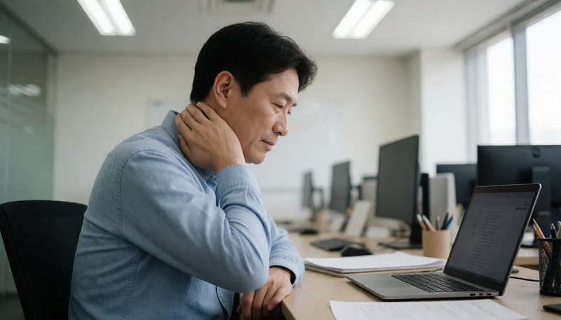 방치된 목 통증으로 사무실에서 목과 어깨를 굳힌 채 일하는 남성