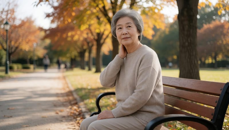 나이 든 여성이 공원 벤치에서 조심스럽게 목을 돌리는 모습